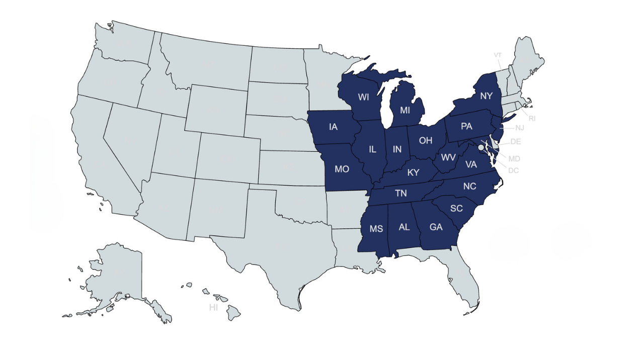 Korestone service area map covering 19 states